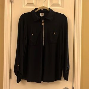 Anne Klein dark Navy blouse. Gold logo accent zipper, pocket and sleeve buttons